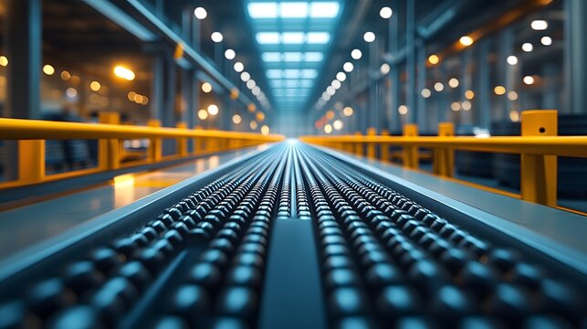 An industrial conveyor belt system in a modern warehouse features empty metal rollers and reflective surfaces under bright ceiling lights, emphasizing a clean and efficient logistics facility.