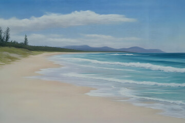 Fototapeta premium A serene beach scene with gentle waves and distant mountains under a clear sky.