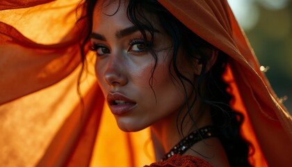 A woman in an orange dress with a veil over her head