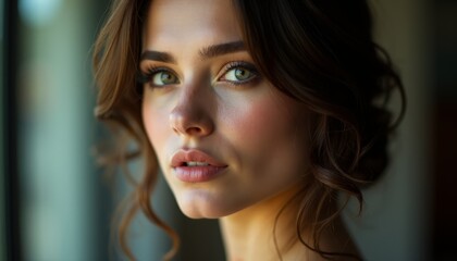 Naklejka premium A close up of a woman's face looking out a window