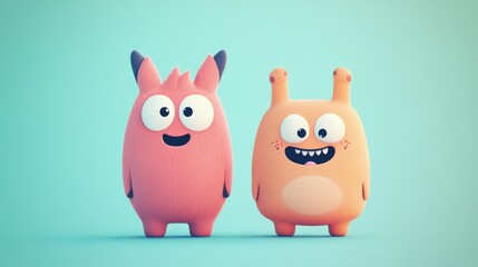 Two quirky cartoon creatures with big eyes and playful expressions stand on a soft blue background. Their fun and unique design is perfect for playful projects or children's illustrations.. AI
