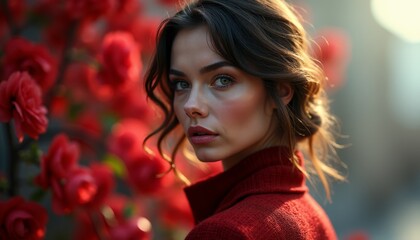 Naklejka premium A woman in a red sweater standing in front of red flowers