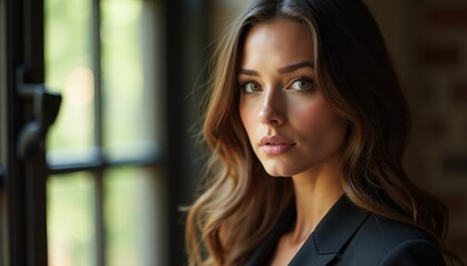 Obraz premium A woman in a black suit looking out a window