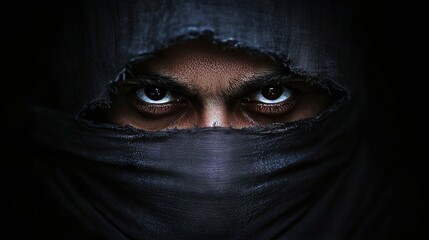 A man with a black scarf covering his face. His eyes are open and staring