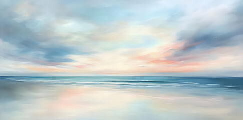 Fototapeta premium A serene seascape with soft colors reflecting on calm waters under a cloudy sky.