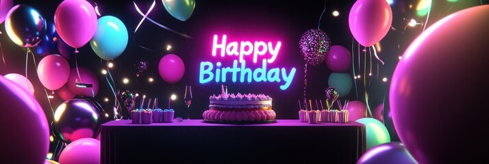 Neon Birthday Party Scene with Cake and Balloons