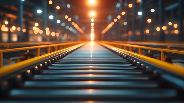 An industrial conveyor belt system in a modern warehouse features empty metal rollers and reflective surfaces under bright ceiling lights, emphasizing a clean and efficient logistics facility.