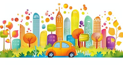 Naklejka premium A cartoon cityscape with a yellow car, colorful buildings, and trees.