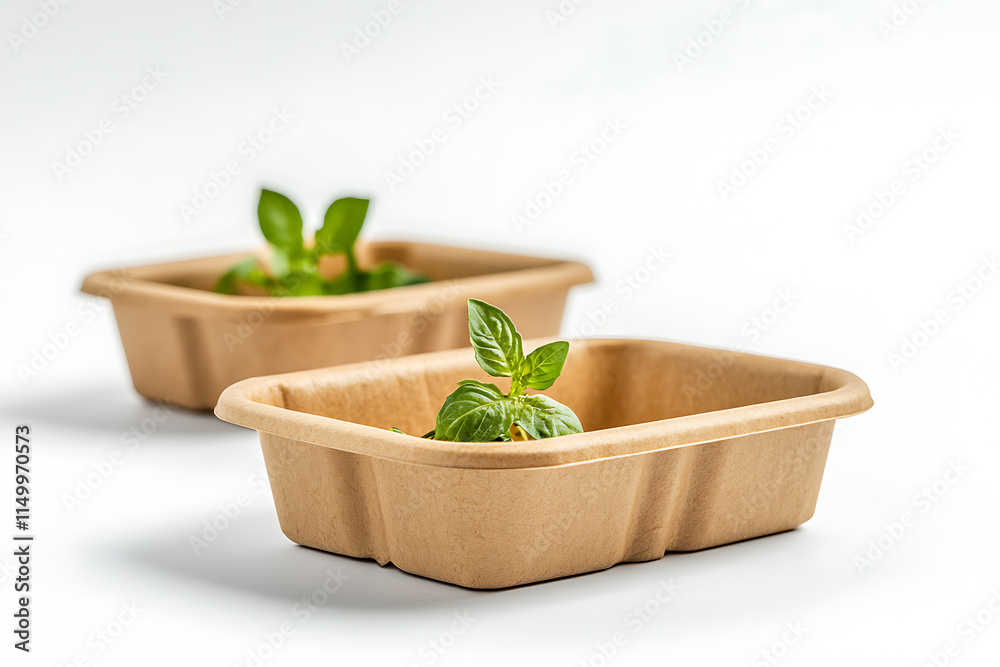 Wall mural Eco-Friendly Disposable Paper Food Container with Fresh Herbs