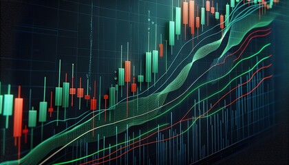 This image shows a detailed financial chart with candlestick patterns, moving averages and volume indicators. It is important for analyzing stock market trends and making informed trading decisions.