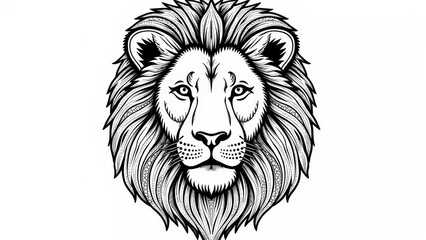 Obraz premium Black-and-white lion coloring pages showcasing a calm lion's face with bold features and a patterned mane for intricate coloring