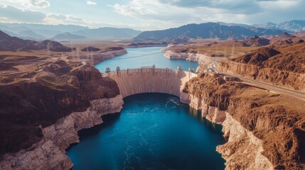 This captivating aerial shot highlights Hoover Dam in the midst of a vast desert landscape, with clear blue waters and rugged mountains in the distance. A powerful symbol of engineering and nature