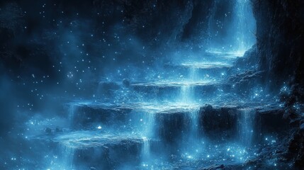 A mystical scene featuring glowing blue waterfalls cascading down illuminated steps.