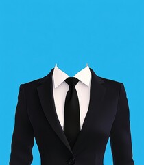  Black Women's Suit with White Shirt, Tie, and Blue Background for Photo Cutting in Flat Vector Style Template