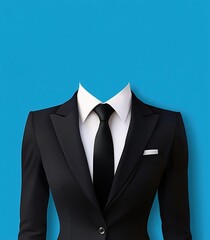  Black Women's Suit with White Shirt, Tie, and Blue Background for Photo Cutting in Flat Vector Style Template