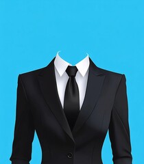  Black Women's Suit with White Shirt, Tie, and Blue Background for Photo Cutting in Flat Vector Style Template
