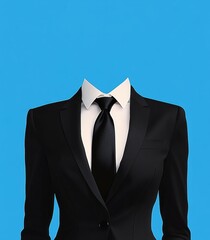  Black Women's Suit with White Shirt, Tie, and Blue Background for Photo Cutting in Flat Vector Style Template