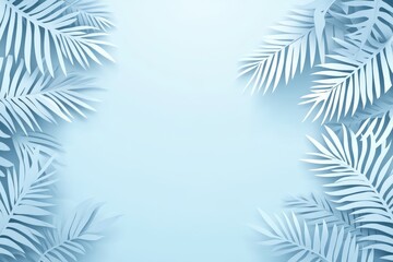 Obraz premium Light blue background with paper palm leaves.