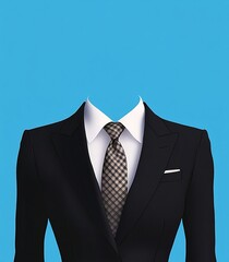  Black Women's Suit with White Shirt, Tie, and Blue Background for Photo Cutting in Flat Vector Style Template