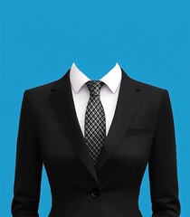  Black Women's Suit with White Shirt, Tie, and Blue Background for Photo Cutting in Flat Vector Style Template