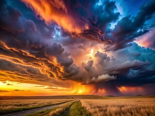 Obraz premium Vintage Plains Thunderstorm - Dramatic Sunset Landscape Photography