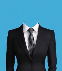  Black Women's Suit with White Shirt, Tie, and Blue Background for Photo Cutting in Flat Vector Style Template