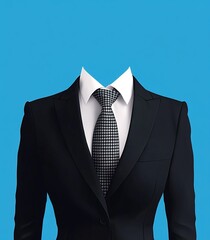  Black Women's Suit with White Shirt, Tie, and Blue Background for Photo Cutting in Flat Vector Style Template