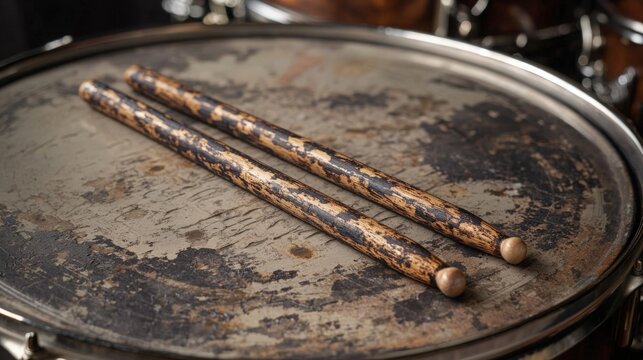 Wooden drumsticks resting on a worn snare drum after a jam session at night