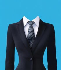  Black Women's Suit with White Shirt, Tie, and Blue Background for Photo Cutting in Flat Vector Style Template