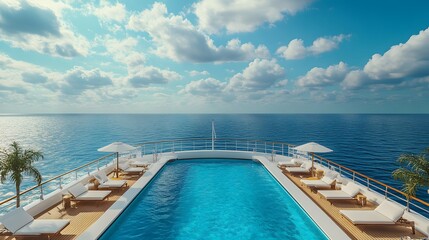 Fototapeta premium The infinity pool on a luxury cruise ship is depicted with turquoise water and an ocean view, creating a scene of relaxation and leisure, adorned with white deck chairs and a panoramic seascape.