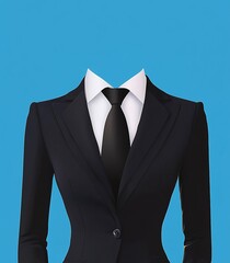  Black Women's Suit with White Shirt, Tie, and Blue Background for Photo Cutting in Flat Vector Style Template