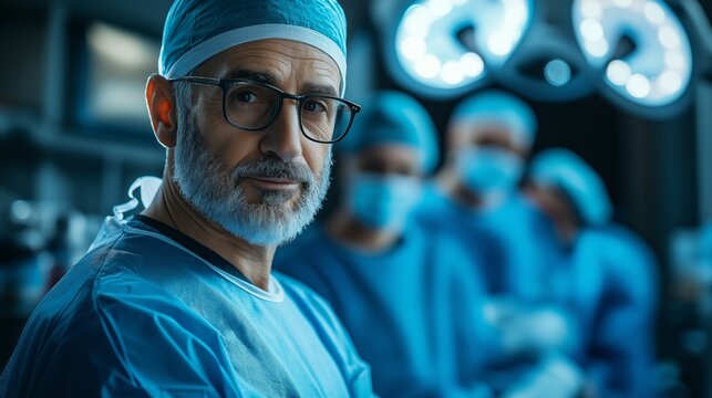 Skilled doctor in scrubs focuses intently on a digital tablet, consulting with surgical team during a complex medical procedure, highlighting collaboration and innovation