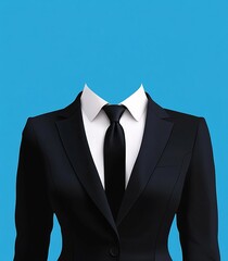  Black Women's Suit with White Shirt, Tie, and Blue Background for Photo Cutting in Flat Vector Style Template