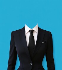  Black Women's Suit with White Shirt, Tie, and Blue Background for Photo Cutting in Flat Vector Style Template