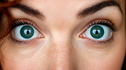 Obraz premium Close-up of Wide-Eyed Woman with Green Irises Showing Surprise or Amazement