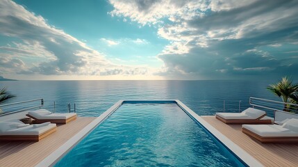 Fototapeta premium The infinity pool on a luxury cruise ship is depicted with turquoise water and an ocean view, creating a scene of relaxation and leisure, adorned with white deck chairs and a panoramic seascape.