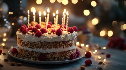 Beautiful Birthday Cake with Raspberries and Candles in Soft Light