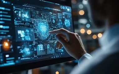 Online education concept, man participating in an interactive elearning webinar, AI technology helping with skill development and qualification improvement