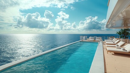 The infinity pool on a luxury cruise ship is depicted with turquoise water and an ocean view, creating a scene of relaxation and leisure, adorned with white deck chairs and a panoramic seascape.