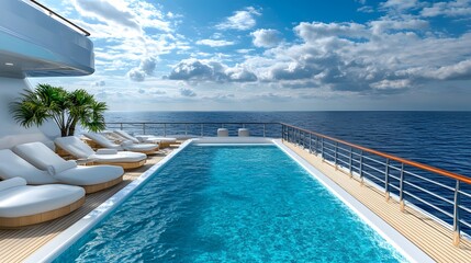 The infinity pool on a luxury cruise ship is depicted with turquoise water and an ocean view, creating a scene of relaxation and leisure, adorned with white deck chairs and a panoramic seascape.