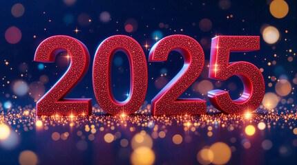 2025 Happy New Year red text design with on black background