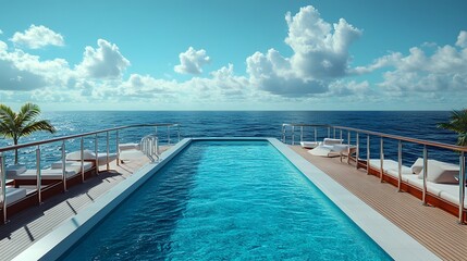 The infinity pool on a luxury cruise ship is depicted with turquoise water and an ocean view, creating a scene of relaxation and leisure, adorned with white deck chairs and a panoramic seascape.