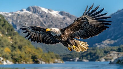 Obraz premium A majestic bald eagle in flight spreads its wings against a vibrant blue sky. The sharp focus on detailed feathers showcases the bird soaring over a pristine lake surrounded by mountains.