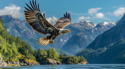 Fototapeta premium A majestic bald eagle in flight spreads its wings against a vibrant blue sky. The sharp focus on detailed feathers showcases the bird soaring over a pristine lake surrounded by mountains.