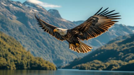 Fototapeta premium A majestic bald eagle in flight spreads its wings against a vibrant blue sky. The sharp focus on detailed feathers showcases the bird soaring over a pristine lake surrounded by mountains.