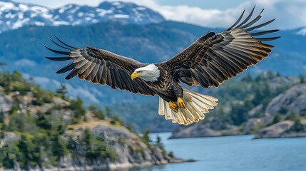 Fototapeta premium A majestic bald eagle in flight spreads its wings against a vibrant blue sky. The sharp focus on detailed feathers showcases the bird soaring over a pristine lake surrounded by mountains.