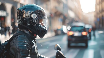 Fototapeta premium A motorcyclist in a black leather jacket and helmet sitting on a motorcycle.