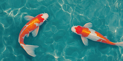 Two colorful koi fish swim gracefully in clear blue water, creating a serene and vibrant aquatic scene.
