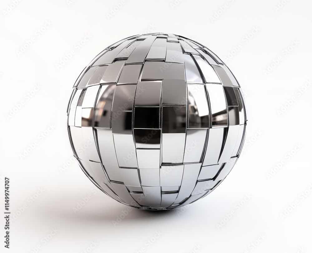 Poster chrome sphere composed of metallic rectangular plates.