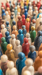 Colourful wooden figures, visualizing diversity of all people, created with generative AI technology